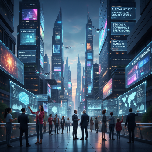 alt_text: "Futuristic skyline with vibrant colors, showcasing AI news headlines and diverse human interaction."